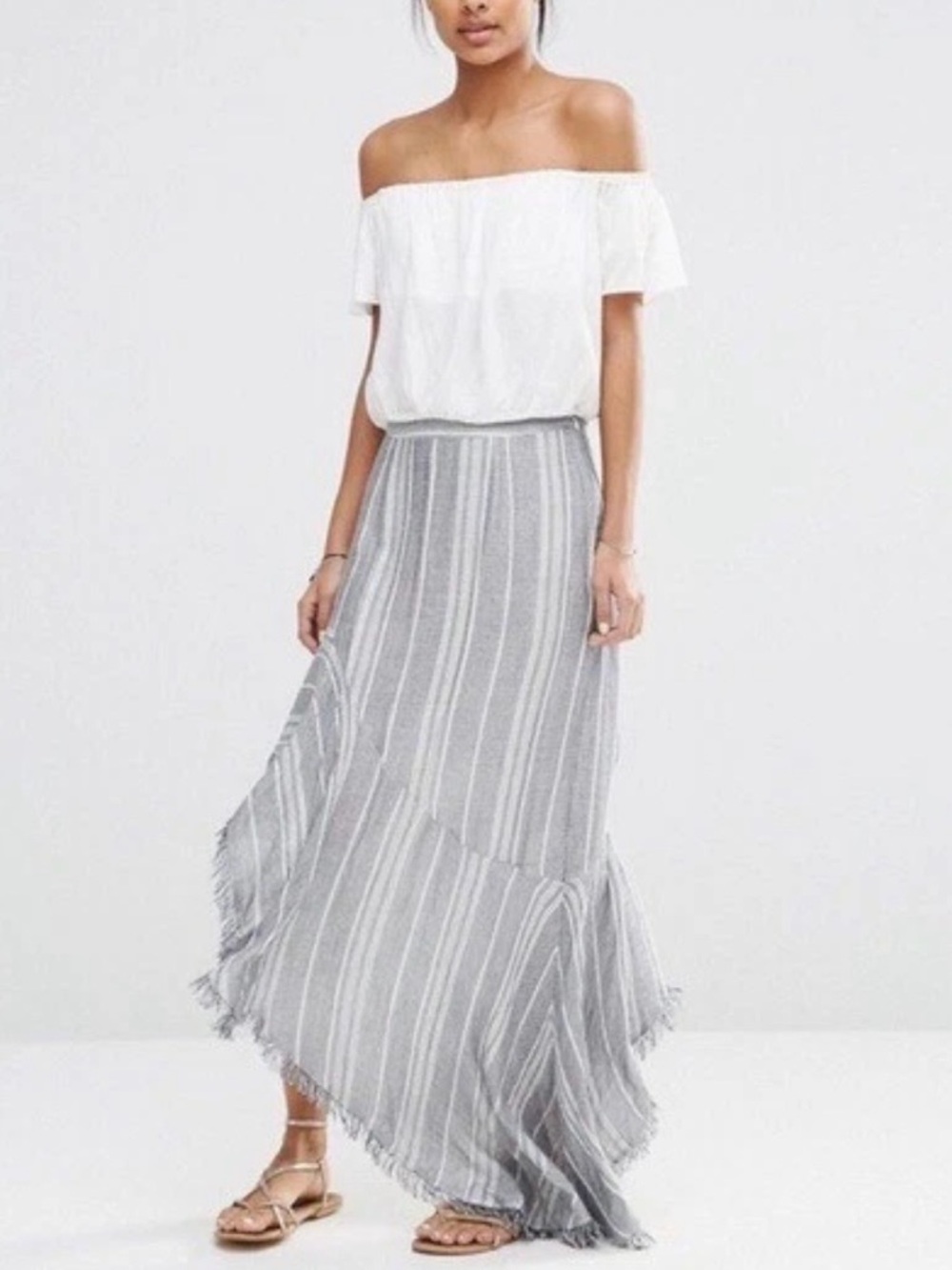 NWT Jetset Diaries Las Rayas Maxi Skirt Fringe Boho Gray White Stripe Womens L